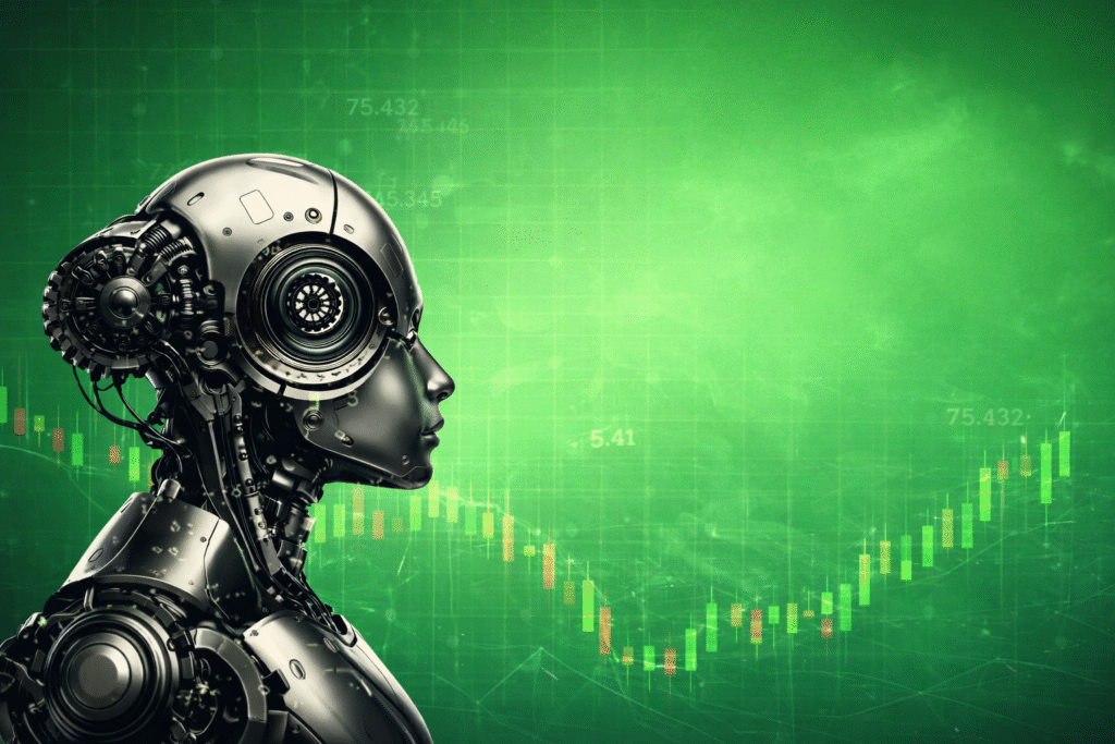 Futuristic AI robot analyzing live forex market data with automated algorithmic trading system and real-time candlestick charts
