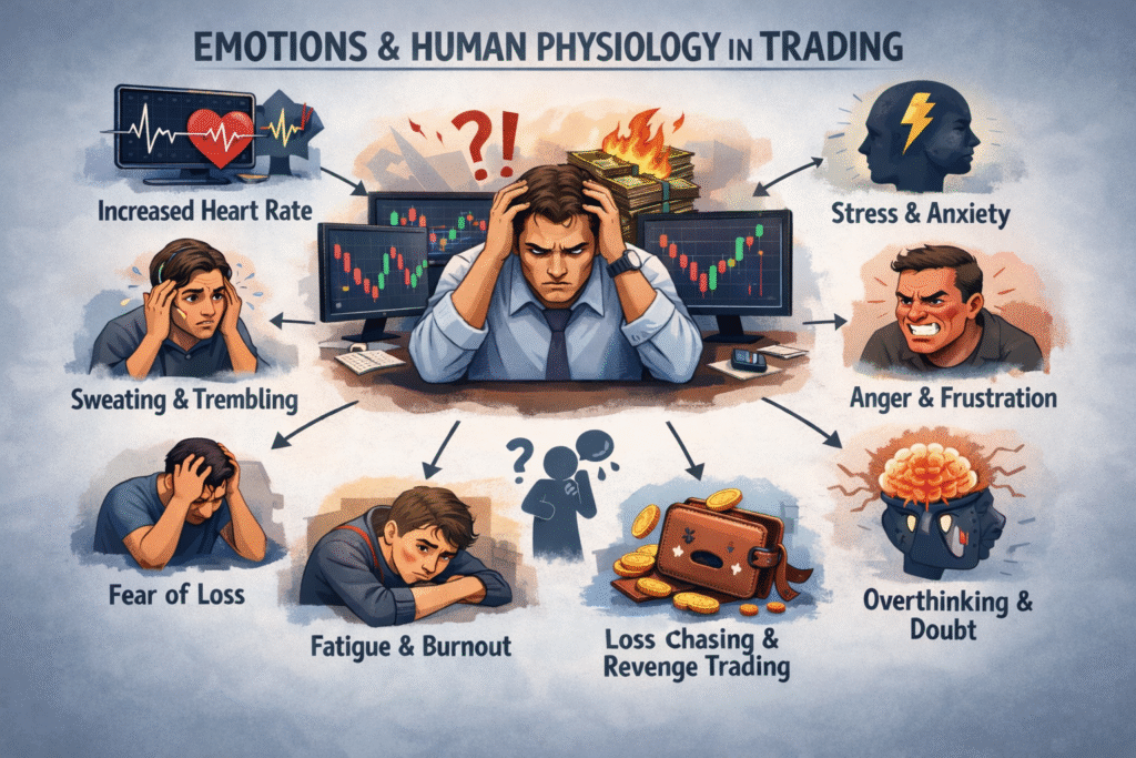 A stressed trader sitting in front of multiple trading screens showing market charts, experiencing anxiety, fear, and emotional pressure, representing how human emotions and physiology negatively impact trading decisions.
